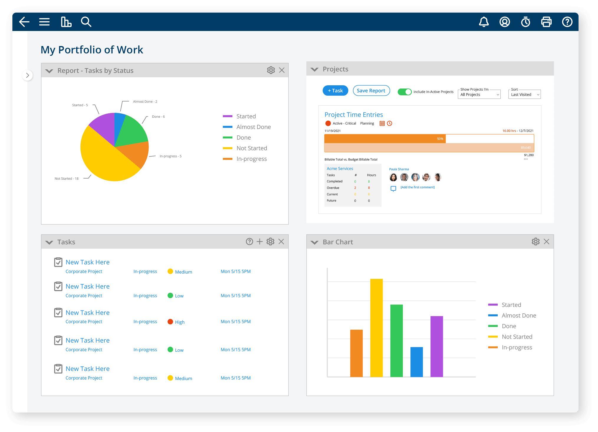 Dashboard tiles for time sheets, approvals, and reports