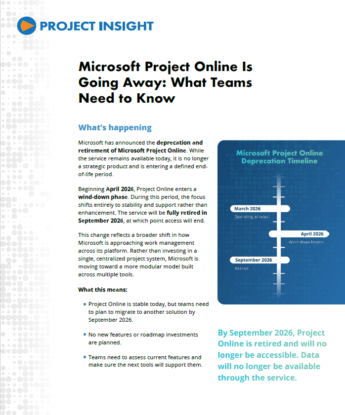 Microsoft Project Online deprecation timeline showing April 2026 feature freeze and September 2026 retirement