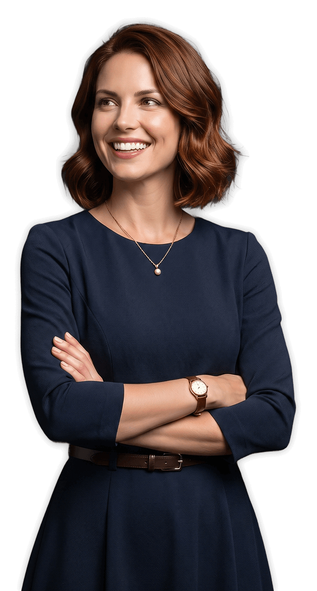 Woman in business attire with arms crossed smiling